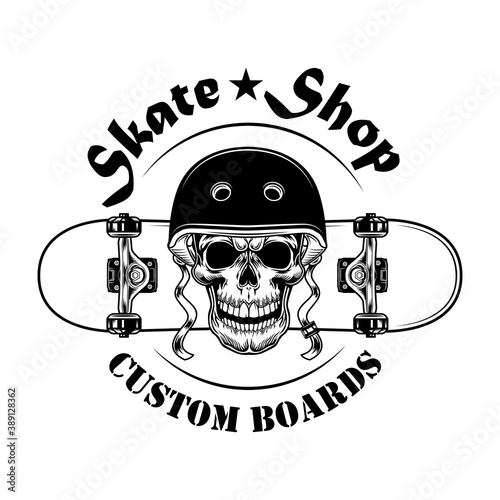 Skate shop label vector illustration. Skull in helmet with skateboard and text. Extreme sport concept for skateboard shop and service emblems templates