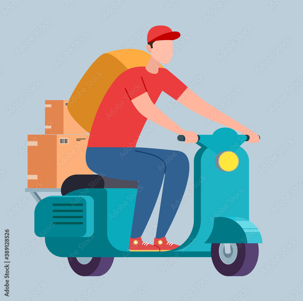 Deliveryman riding moped loaded parcel box isolated on white