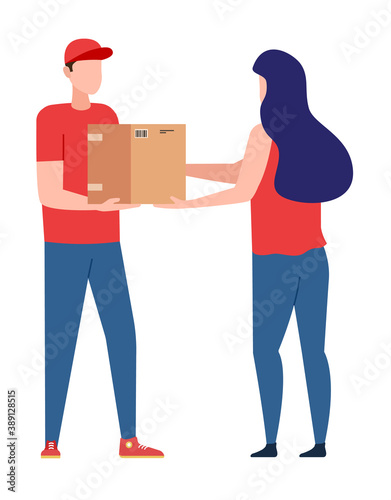 Delivery courier give parcel order to customer on white