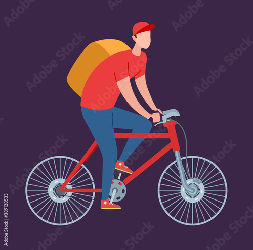 Courier with food backpack riding bicycle delivering order