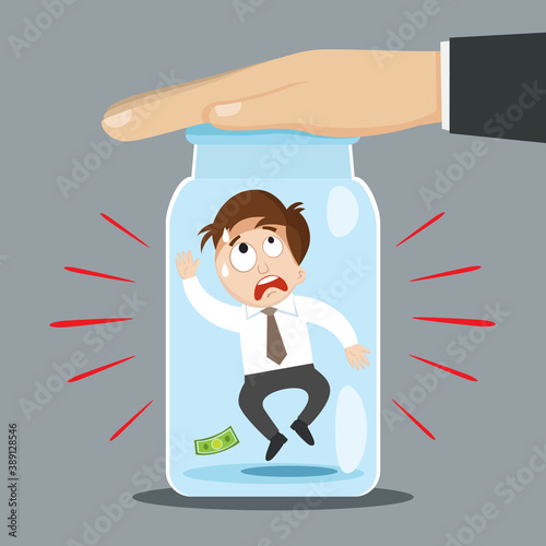Businessman trap inside bottle with huge hand, concept business trap,  vector  illustration cartoon