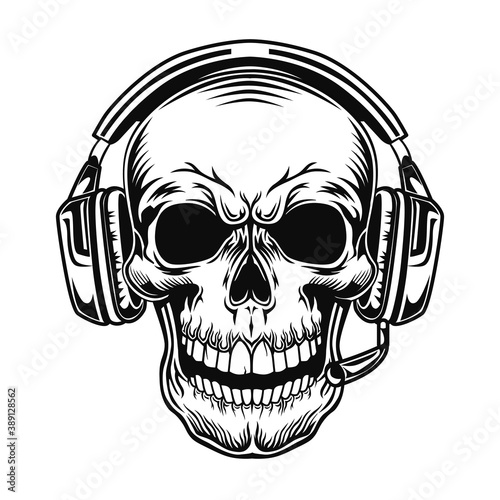 Skull with headset vector illustration. Head of character in headphones. Sound technology concept for online games topic or tattoo template