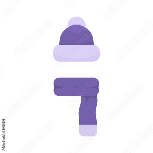 winter hat illustration. bobble hat decorated with pompom and purple scarf. warm children's clothing or headwear. flat style. design elements