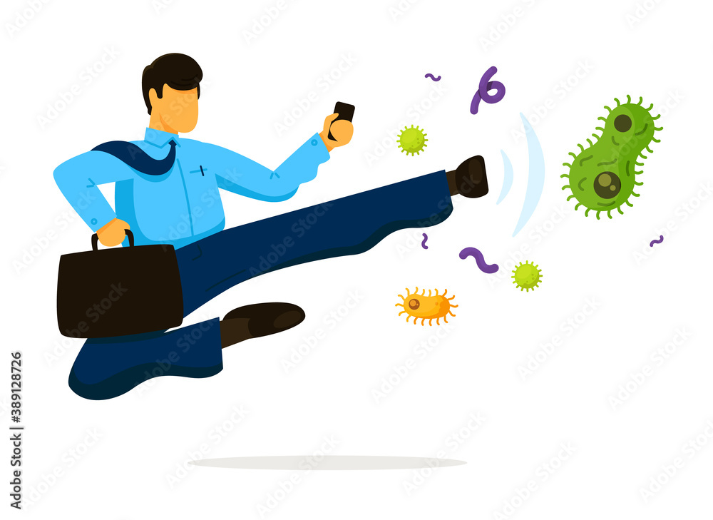 Businessman fighting virus. Businessman fighting virus influenza infection, kicking bacteria and germ isolated on white background. Flu outbreak prevention vector illustration Businessman fighting virus. Businessman fighting virus influenza infection, kicking bacteria and germ isolated on white background. Flu outbreak prevention vector illustration