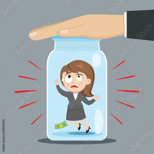 Businesswoman trap inside bottle with huge hand, concept business trap, vector illustration cartoon