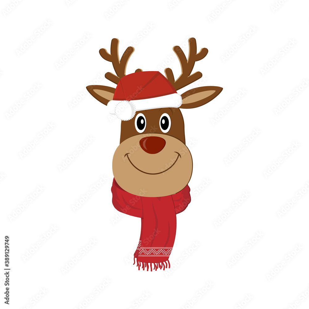 Fototapeta premium Deer in Santa hat and red scarf, color vector illustration isolated on white background, clipart, design, decoration, banner, logo, greeting card