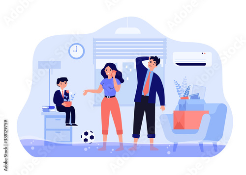 Sad family calling plumber to fix broken pipes isolated flat vector illustration. Cartoon couple standing in water. Flooded house and emergency concept