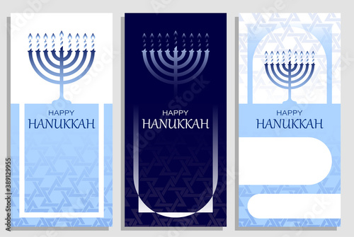 Hanukkah invitations with Menorah candle. Happy jewish holiday of Hanukkah. Set of templates for greeting cards, banners, brochures. Vector