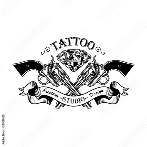 Retro crossed gun and diamond vector illustration. Monochrome stylish revolvers. Tattoo design and style concept can be used for retro template, banner or poster