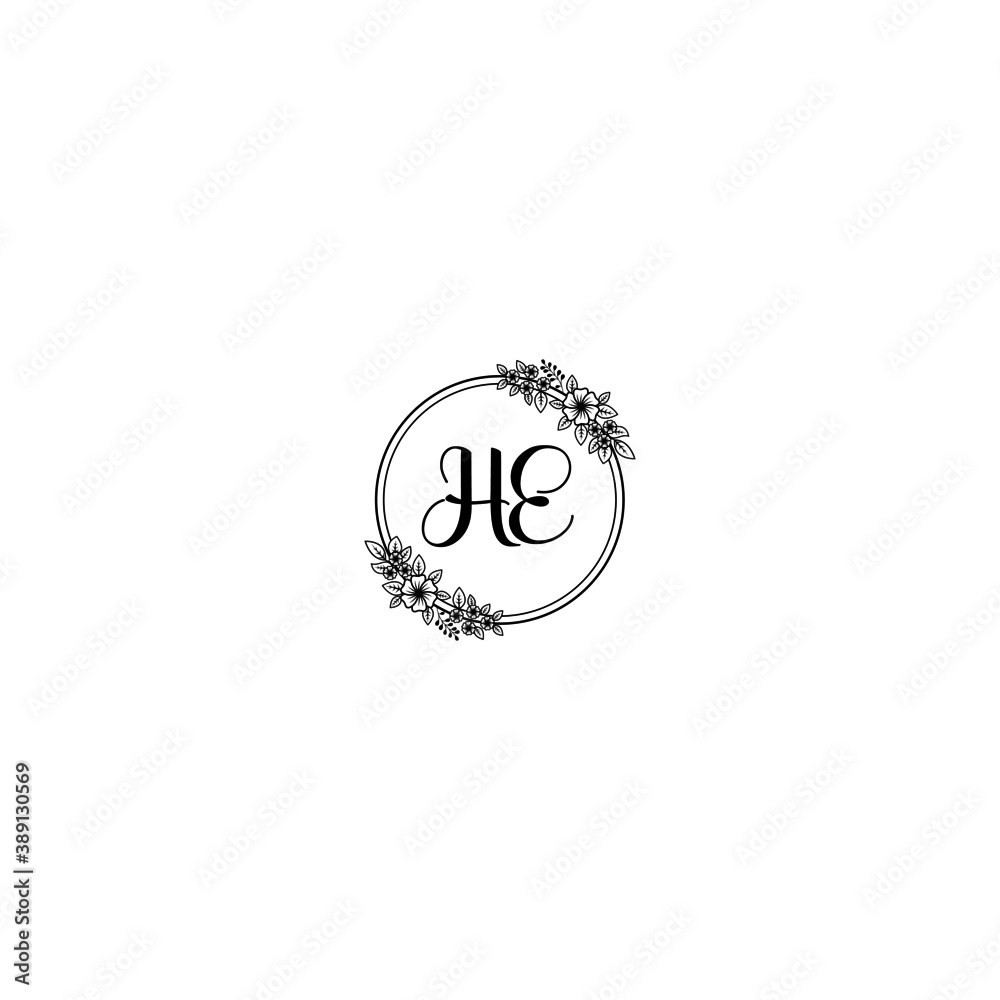 Initial HE Handwriting, Wedding Monogram Logo Design, Modern Minimalistic and Floral templates for Invitation cards	