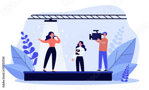 Female singer singing song on camera. Stage, artist, operator flat vector illustration. Entertainment and performance concept for banner, website design or landing web page