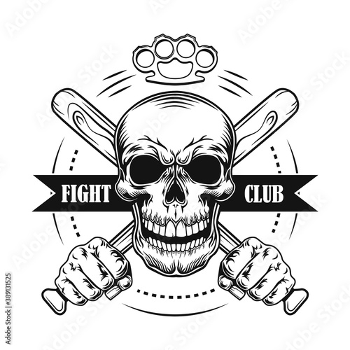 Street fighter symbol vector illustration. Skull with crossed baseball bats, knuckle duster and text. Fight club concept for community emblems or badges templates