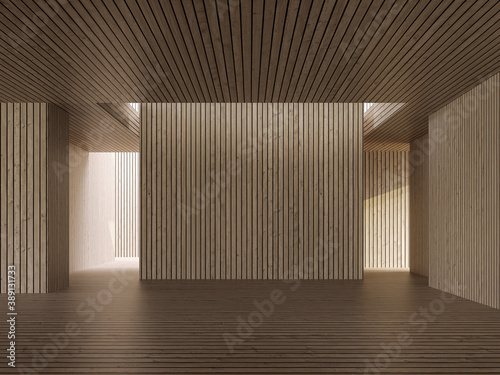 Fototapeta Naklejka Na Ścianę i Meble -  Wood plank room modern contemporary interior space 3d render with empty wooden backdrop