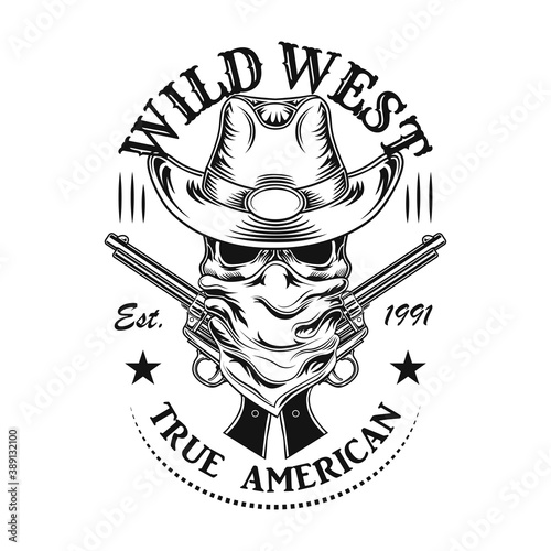 Cowboy skull vector illustration. Head of character with hat and bandana on face, crossed guns and text. Lifestyle concept for wild west or western topics, club or community emblem templates