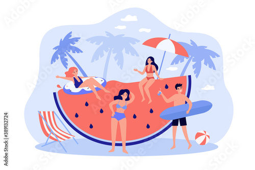 Fototapeta Naklejka Na Ścianę i Meble -  Funny people having fun near huge watermelon on beach flat vector illustration. Cartoon friends drinking cocktails, playing and relaxing. Summer activity and party concept