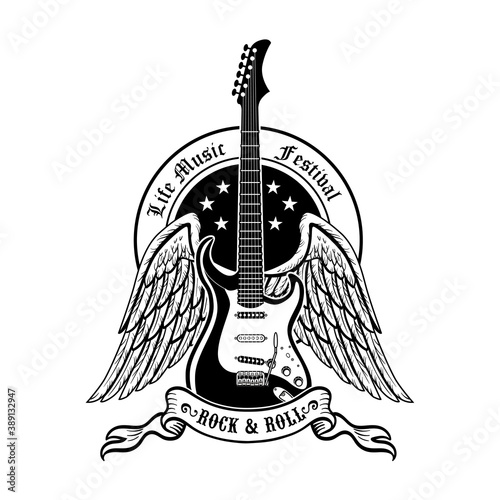 Retro sticker with flying guitar vector illustration. Vintage promotional label for lite music festival. Entertainment and event concept can be used for retro template, banner or poster