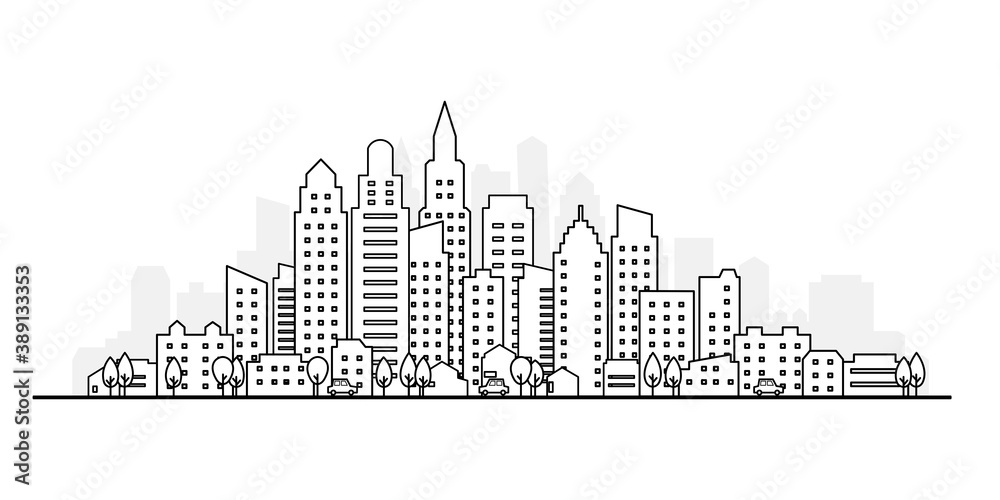 Obraz premium Outline of skyscraper building, city skyline, Vector illustration.
