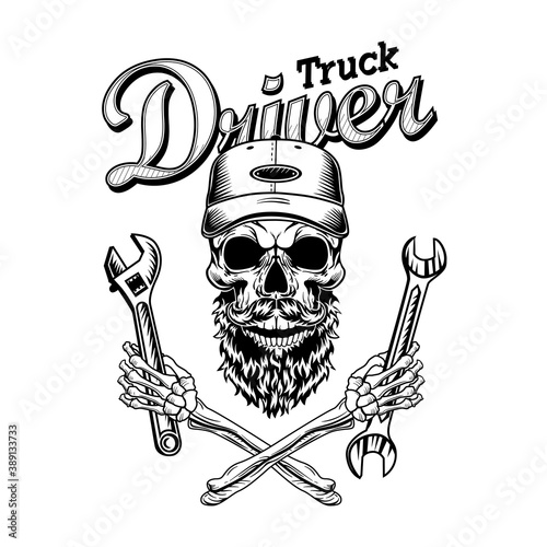 Vintage skull of serviceman vector illustration. Monochrome dead bearded man holding spanners. Repair and service concept can be used for retro template, banner or poster