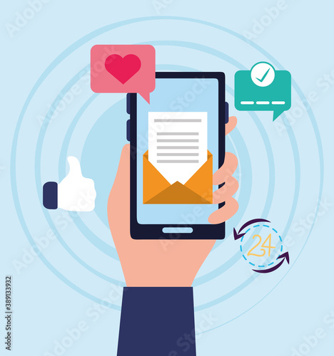 male hand with smartphone sending email communications