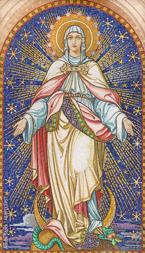 Canvas Print VIENNA, AUSTIRA - OCTOBER 22, 2020: The mosaic of Immaculate Conception in church Pfarrkirche Kaisermühlen