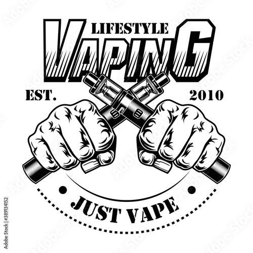 E-cigarettes vector illustration. Male human hands holding crossed electronic cigarettes, lifestyle text. Retail concept for vape bar or store label, poster or emblem template