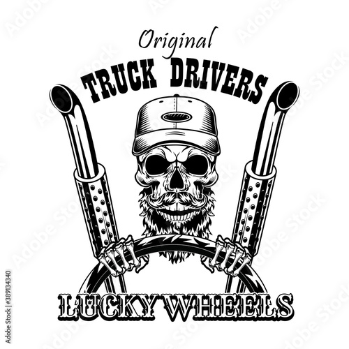 Black skull of truck driver vector illustration. Vintage dead head in cap steering vehicle. Shipment and transportation concept can be used for retro template, banner or poster