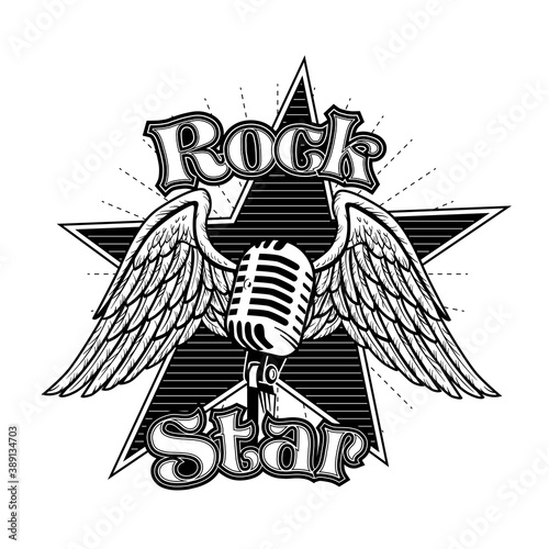 Creative mic with wings vector illustration. Monochrome retro tattoo for rock star with lettering. Entertainment and music concept can be used for retro template, banner or poster