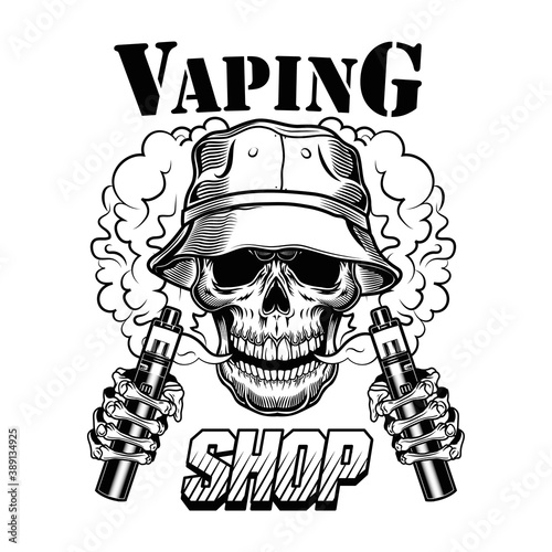 Vape shop vector illustration. Trendy hipster vaper skull with electronic cigarettes and vapor. Lifestyle concept for vape bar or store label, poster or emblem template