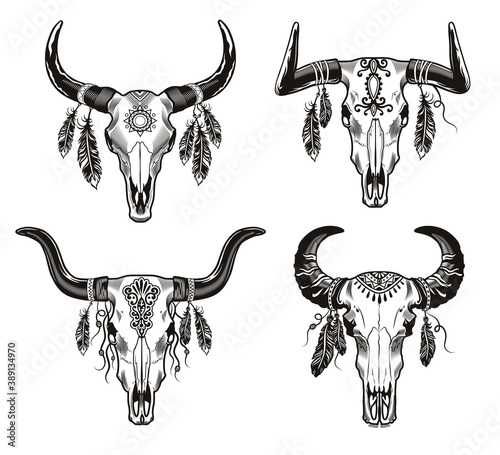 Monochrome bull skulls with feathers vector illustration set. Native American traditional symbol isolated on white background. Design elements for tattoo concept can be used for retro template