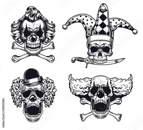 Scary clowns skulls vector illustrations set. Collection of monochrome creepy comics in hats with crossed bones. Horror or Halloween celebration concept for tattoos, emblems, badges templates