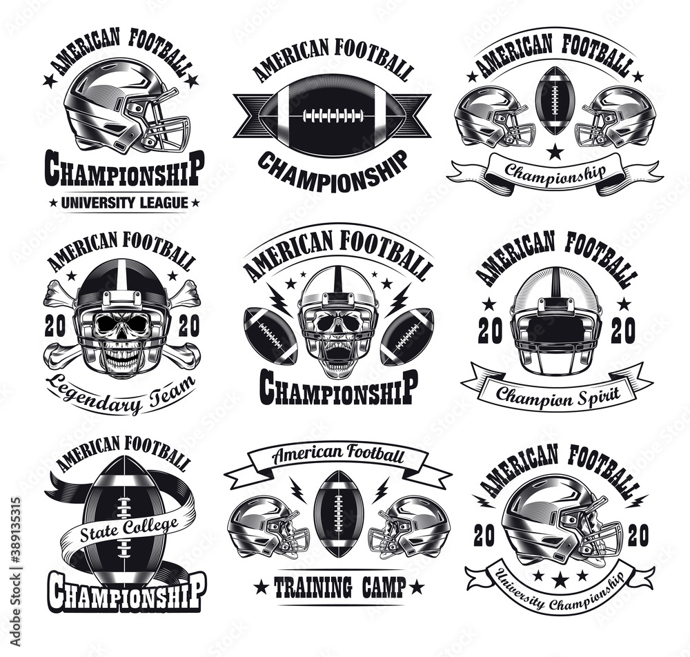 Monochrome American football emblems vector illustration set. Vintage signs or sticker for team with skull in helmet and ball. Sport game and championship concept can be used for stickers and badges