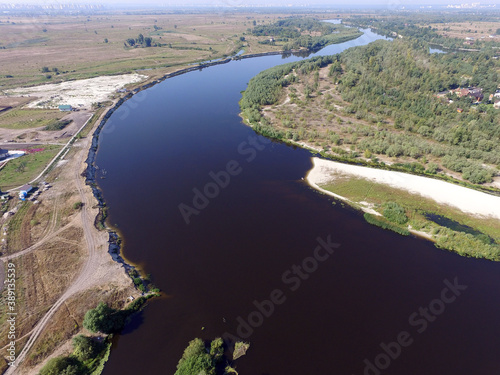 Desna River.Aerial view of the saburb landscape (drone image). Near Kiev