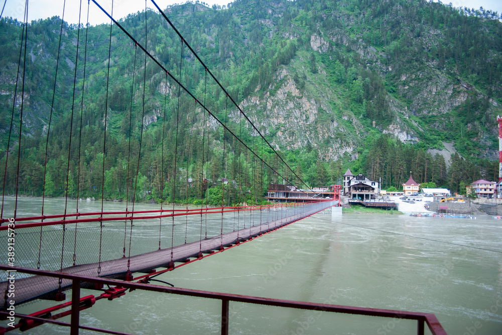 Obraz premium cable car bridge, mountain, altai nature, the village of