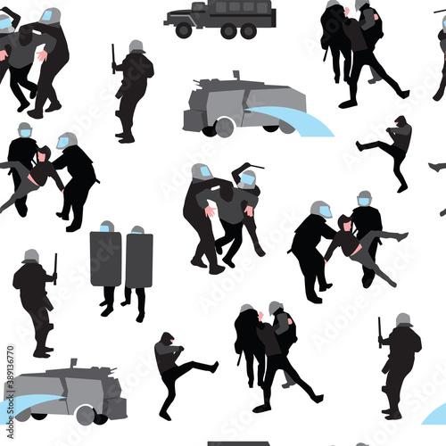 Police disperse the rally seamless pattern. Dispersal of protesters. Law and order illustration pattern