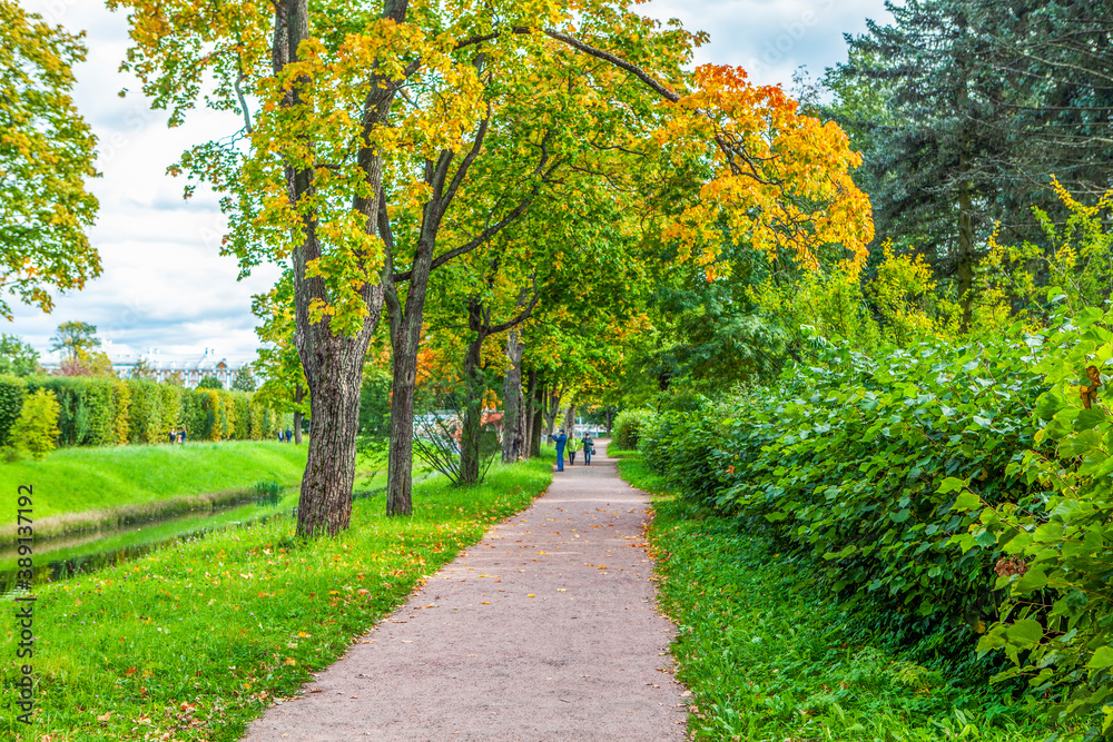 Triple alley in autumn. Bypass channel and small Chinese bridges. Alexander Park. Pushkin. St. Petersburg. Russia Triple alley in autumn. Bypass channel and small Chinese bridges. Alexander Park. Pushkin. St. Petersburg. Russia