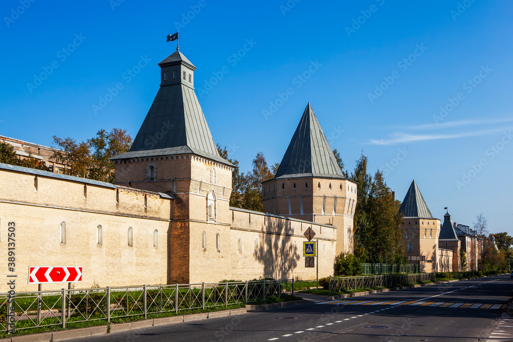 Fortress wall with towers. The complex of the former barracks of the Life Guards of the 3rd Rifle Regiment. South side. Pokrovsky town. Pushkin. St. Petersburg. Russia