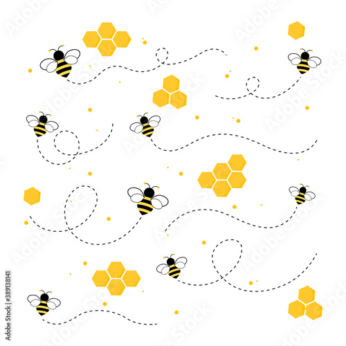 The flow of honey from the honeycomb with bees and different liquid flow.vector illustration and icon