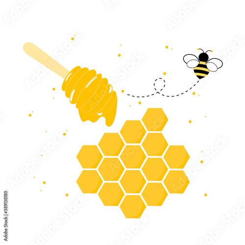 The flow of honey from the honeycomb with bees and different liquid flow.vector illustration and icon