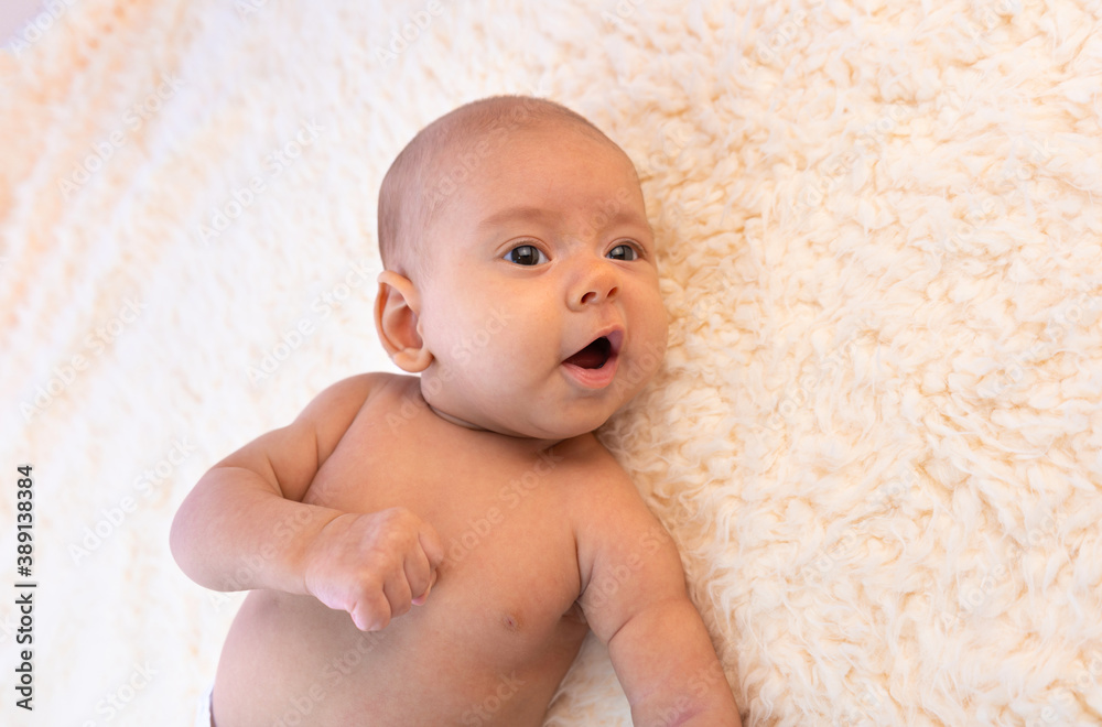 a baby is lying on a wool blanket with its mouth open. Top view a baby is lying on a wool blanket with its mouth open. Top view