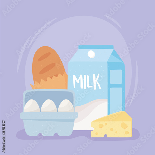 breakfast products milk bread eggs and cheese, grocery purchases