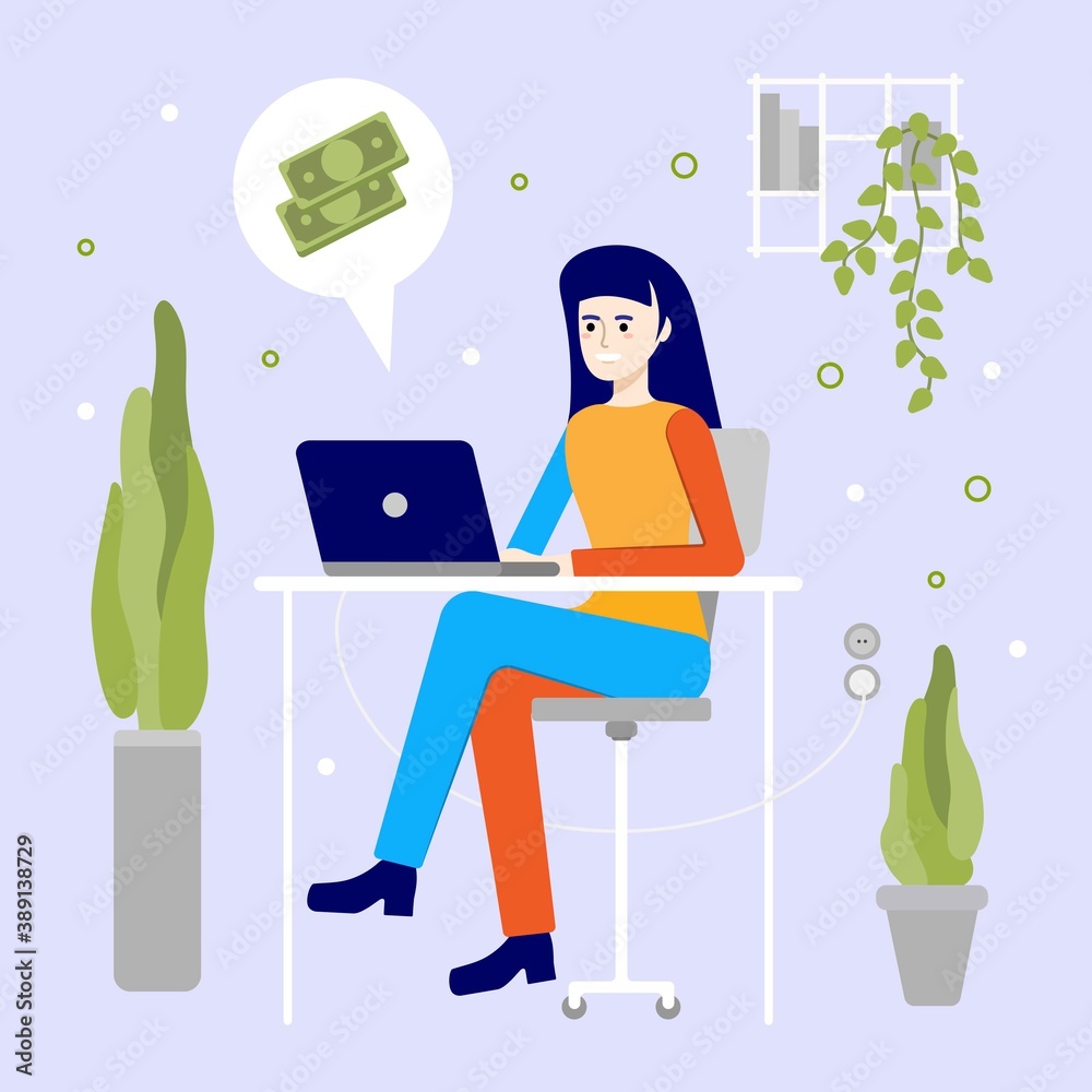 make money on the Internet. remote earnings. Make Money Online. Business Concept Illustration.Online earning.Vector of a woman working on computer from home and earnings money