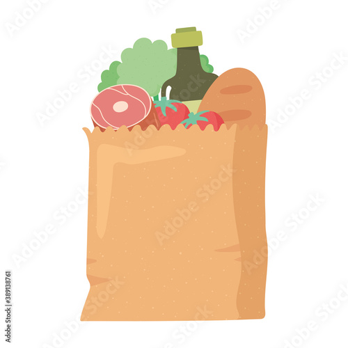 shopping paper bag with bread olive oil meat and lettuce, grocery purchases