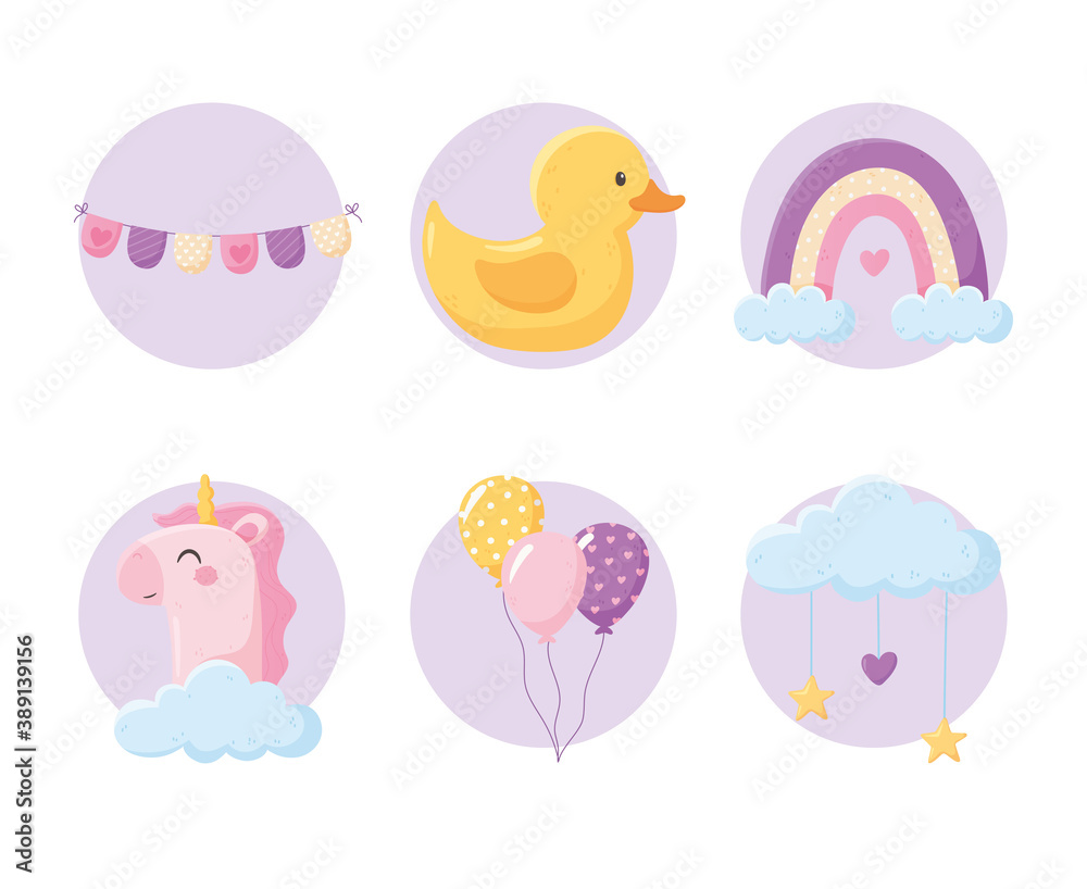 baby shower, cute duck rainbow unicorn balloons in block icons