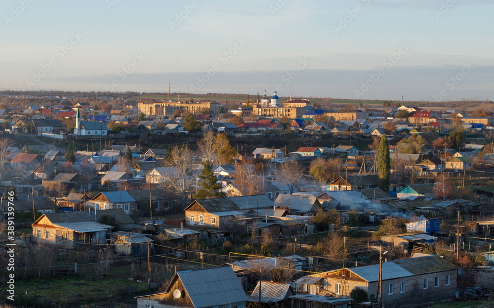 Sakmara. The Orenburg region. Russia. October 21.2011. View from the hill on the village in the autumn evening.