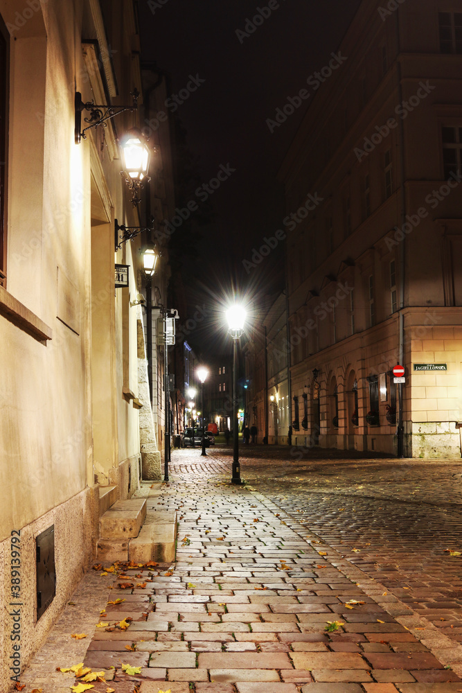 KRAKOW, POLAND - OCTOBER 18, 2020: Night view of Golebia street