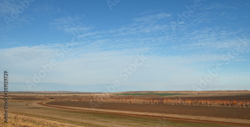 View of the steppe expanses on an autumn Sunny day. Orenburg region. Russia.