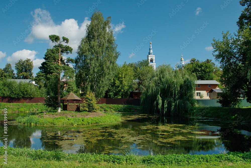 Dedenevo. Dmitrov district. Moscow region. Russia. August 09.2016. View of the bell tower of St. Saviour and Blachernitissa Convent on sunny days