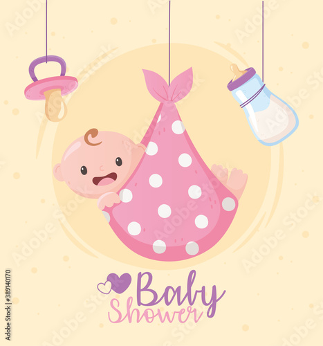 baby shower, greeting card hanging little boy pacifier and bottle milk