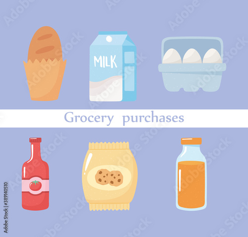 grocery purchases bread, eggs, juice, biscuits, tomato and sauce