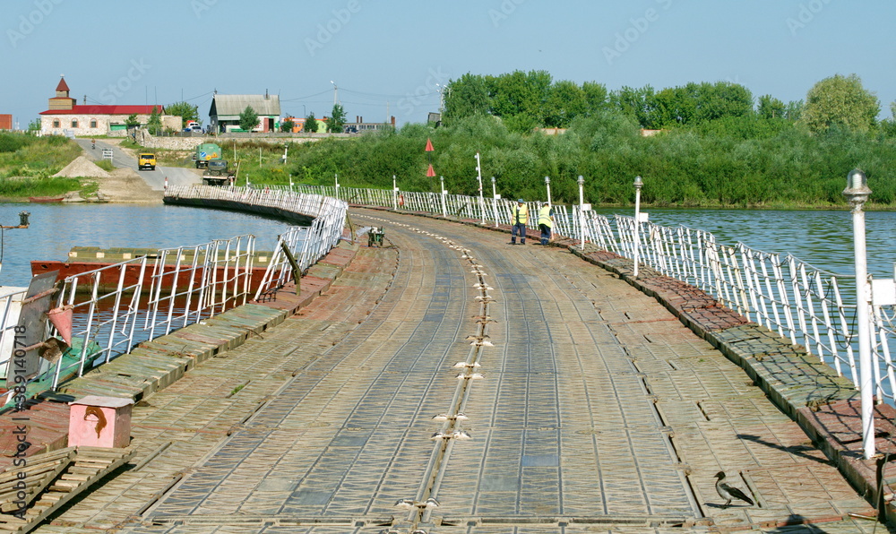 City Of Spassk Ryazan. The Ryazan region. Russia. August 09. 2017. Pontoon bridge over the Oka river on a Sunny summer day.
